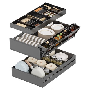 拉篮厨房橱柜随心抽双层抽屉式内置碗架锅具篮柜内收纳碗碟拉篮