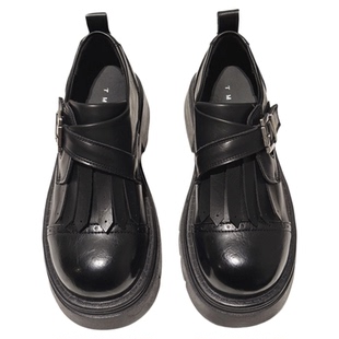 6CM~厚底真皮皮带扣流苏乐福鞋英伦jk雕花小皮鞋配堆堆袜深口单鞋