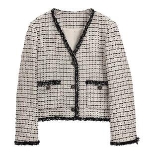 CLMX重磅立体浮雕感黑白格纹面料修饰头肩比例香风花呢V领外套