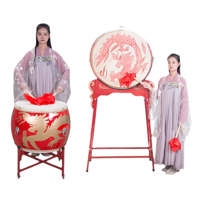 立式中国红实木寺院全套牛皮鼓