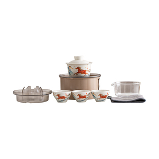 马到成功陶瓷盖碗旅行茶具小套装户外便携式泡茶壶商务伴手礼定制