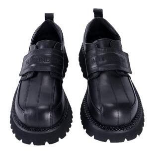 Hualun原创魔术贴皮鞋男厚底巴黎德比鞋英伦风黑色休闲内增高鞋