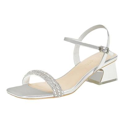 百思图高光鞋夏商场新款气质闪钻粗跟女一字带银色凉鞋TT109BL4