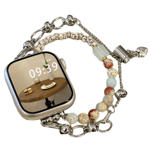 适用applewatch S11寿山石仿菩提手链表带iWatchS10/9/8/7弹力可调节串珠苹果手表ultra彩石新中式创意腕带女