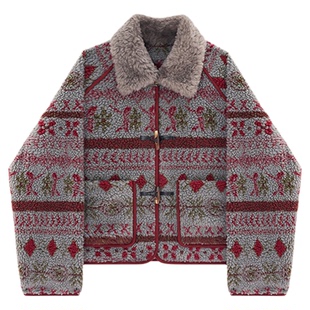 HONORE古月 费尔岛羊毛领 进口真牛角扣短款宽松圈绒阔型外套