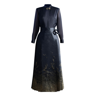 秋冬款新中式长袖上衣+马面裙工作服定制盘扣酒店餐饮女款