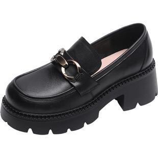 木林森乐福鞋女秋季新款英伦风小皮鞋女头层牛皮粗跟高跟浅口单鞋