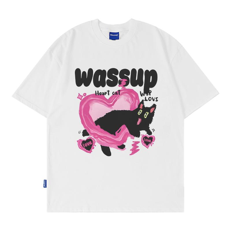 WASSUP卡通猫咪短袖T恤纯棉重磅
