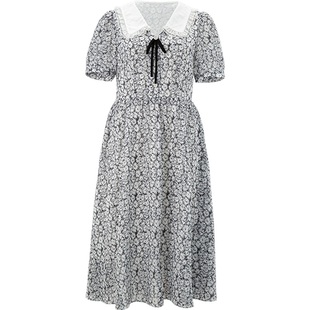 丽锦 黑白撞色碎花连衣裙新款女夏花边娃娃领a字修身波浪裙子