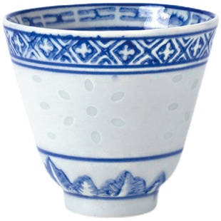 八十年代老厂货景德镇青花玲珑功夫茶杯陶瓷茶具小号主人杯四缸盅