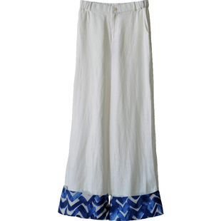 NW8 0EN 法国亚麻翻边长裤 印花松紧腰直筒裤 垂感直筒女士休闲裤