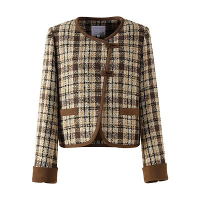 OSA欧莎咖色格子毛呢外套