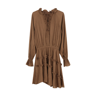 BLUEerror 花边v领白色收腰长袖连衣裙女法式慵懒荷叶边裙子秋季