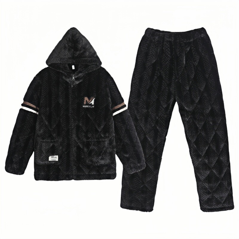 睡衣男士冬季冬天三层加厚夹棉袄珊瑚绒加绒冬款连帽款家居服套装