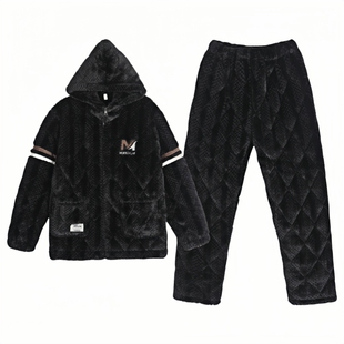 睡衣男士冬季冬天三层加厚夹棉袄珊瑚绒加绒冬款连帽款家居服套装