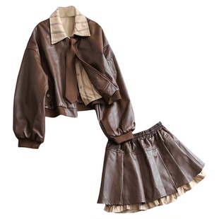 设计感小个子假两件领带皮衣外套一整套穿搭百褶短皮裙女套装B025