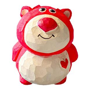 神工巧匠丨可爱粉色草莓熊木雕 桌面摆件手工雕刻 女生创意小礼品