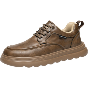 公牛世家休闲皮鞋男款冬季厚底英伦风复古板鞋男款软底耐磨工装鞋