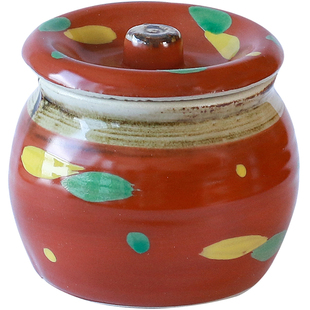 小葵川町屋 日本进口常滑烧复古赤绘纹陶瓷小盐罐调味料罐多用罐