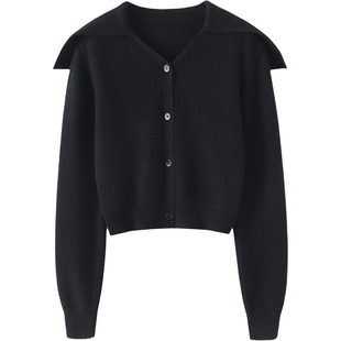 时髦小花旦~V领大翻领短款羊绒开衫女纯羊绒针织开衫外套秋冬厚