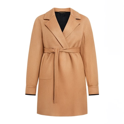 悦戎水波纹双面绒大衣女中长款高端系带宽松羊毛呢双面呢外套