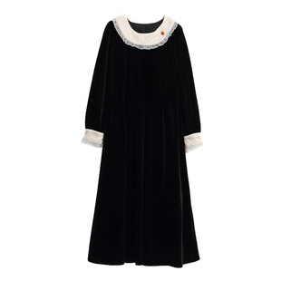 女童丝绒连衣裙秋冬新款韩版礼服公主裙中大童法式赫本风黑色长裙