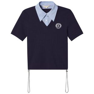 [智性学院风]诗篇专选条纹翻领假两件扭花针织衫夏款