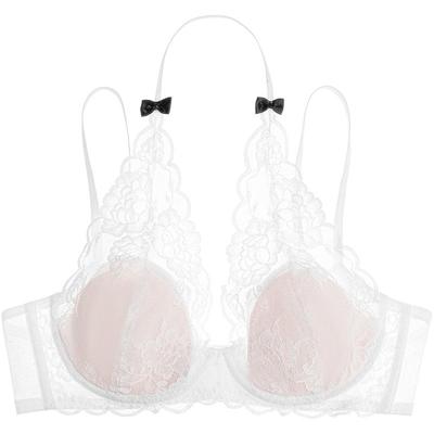 好奇蜜斯法式内衣女大胸显小纯欲性感挂脖文胸罩套装蕾丝薄小胸白