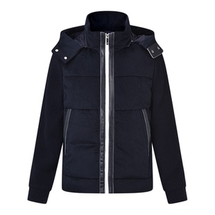 RARE威雅男装2025冬季新款针梭拼接可脱卸连帽外套藏青色羽绒服男