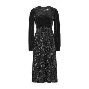 颜域黑色丝绒假两件连衣裙女2025新款冬装法式中长款收腰显瘦裙子