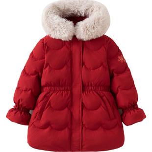 戴维贝拉女童长款红色羽绒服儿童国风冬季外套女冬装新款童装新年