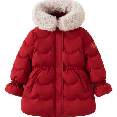 戴维贝拉女童长款红色羽绒服儿童国风冬季外套女冬装新款童装新年