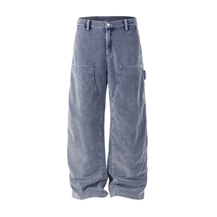 NOVACAM 「波光」日晒重洗褪色蓝重磅垂感灯芯绒廓形伐木法工装裤