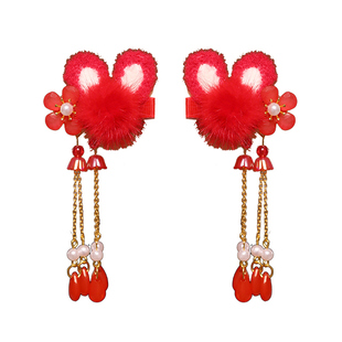 2026新年喜庆女童古风汉服头饰新款宝宝周岁对夹拜年红色流苏发夹