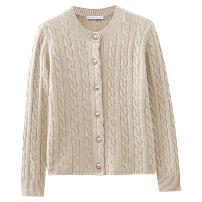 水云间杏色麻花羊毛针织开衫上衣女保暖毛衣兔毛羊绒混纺内搭2026