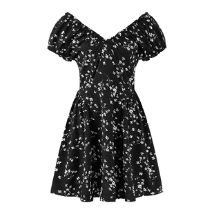 秋水伊人法式碎花连衣裙女 夏季新款通勤印花收腰雪纺V领连身裙子