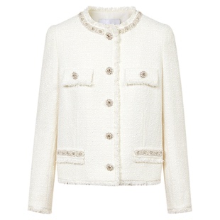 朗姿法式重工小香风外套女粗花呢羊毛钉钻毛边2025年冬季新款