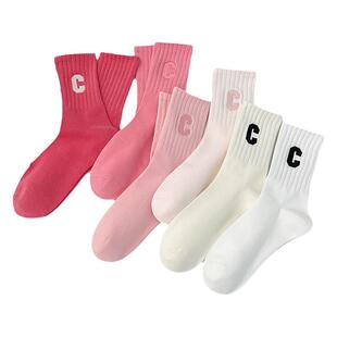 春夏季粉色配鲨鱼裤白色袜子女中筒袜薄款百搭纯棉运动学院风长袜