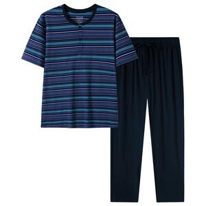 SCHIESSER舒雅夏季新品男士纯棉横条纹圆领可外穿睡衣家居服套装
