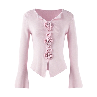 秋水伊人时尚翻领优雅针织衫2026年春季新款女气质立体装饰毛衣