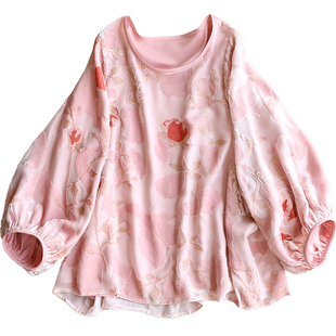 云澍原创 烂花真丝绒温柔风法式甜美灯笼袖宽松圆领上衣T恤女秋冬