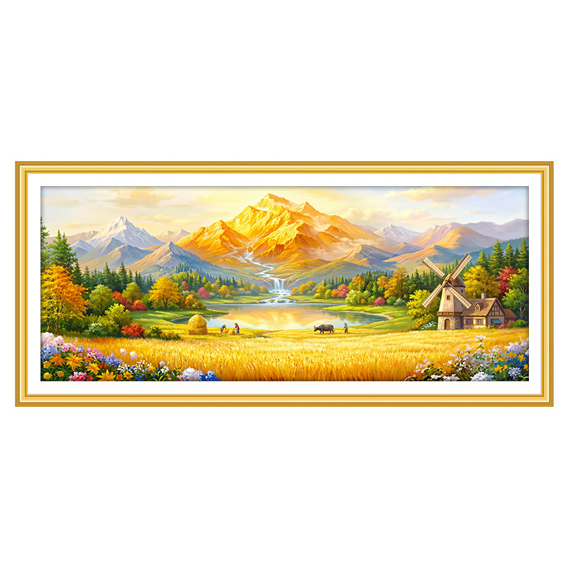 日照金山十字绣2026新款客厅山水画风景背靠金山聚宝盆手工刺绣