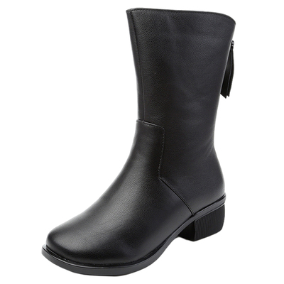 真皮粗跟女靴子妈妈中筒靴