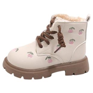 女童皮靴2025冬季新款儿童马丁靴加绒保暖女孩中大童时尚绣花短靴