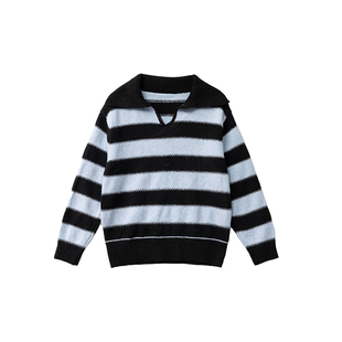 不等式 慵懒风撞色条纹翻领毛衣女羊毛混纺宽松百搭针织衫上衣