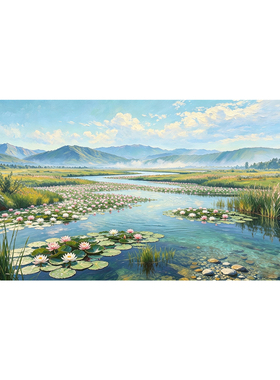 大芬村纯手绘青山莲韵客厅油画