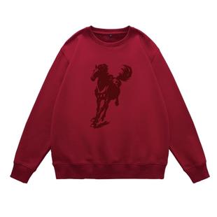 冬季本命年酒红色圆领卫衣男2026马年新款加绒加厚宽松情侣装外套