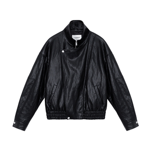 【哈雷皮衣】CAREMIND港式黑色金属丝皮外套酷飒街头机车夹克皮衣