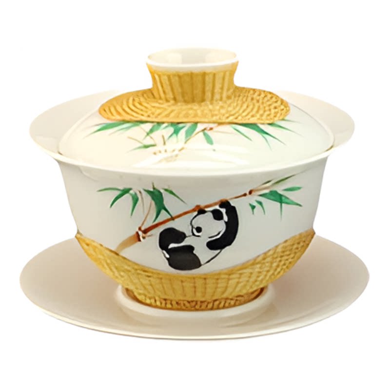 中国非遗竹编茶具套装熊猫竹子图案盖碗茶杯功夫茶具家用泡茶器