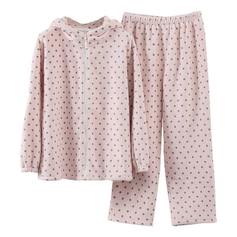 珊瑚绒女睡衣冬季加绒加厚大码200斤胖mm连帽开衫保暖家居服套装